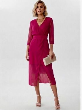 Bebe Womens Raspberry Pink Chiffon Faux Wrap Midi Dress 3/4 Sleeve Size 4 New